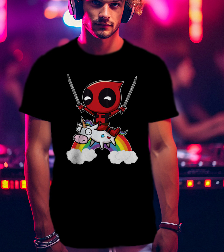 Chibi Deadpool Riding Epic Rainbow Unicorn With Dual Katanas T-Shirt