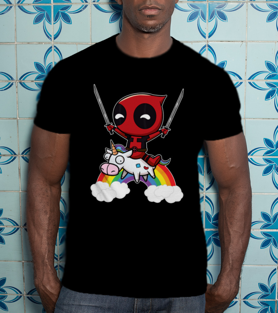 Chibi Deadpool Riding Epic Rainbow Unicorn With Dual Katanas T-Shirt