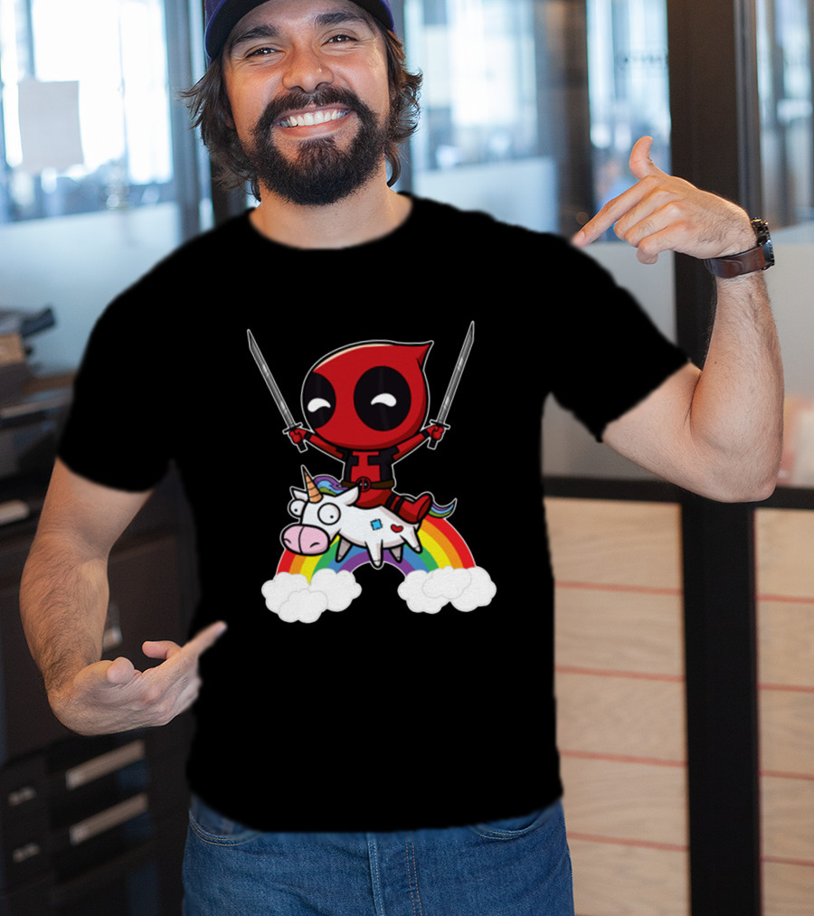Chibi Deadpool Riding Epic Rainbow Unicorn With Dual Katanas T-Shirt