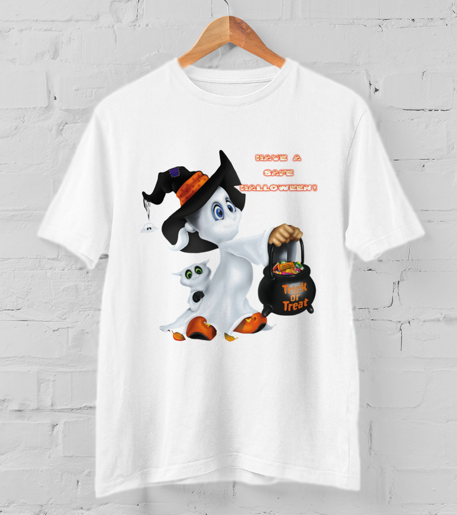 Have A Safe Halloween Trick Or Treat Party Ghost With A Witch Hat And Candy T-Shirt