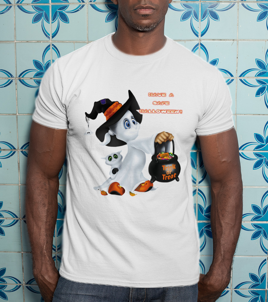 Have A Safe Halloween Trick Or Treat Party Ghost With A Witch Hat And Candy T-Shirt