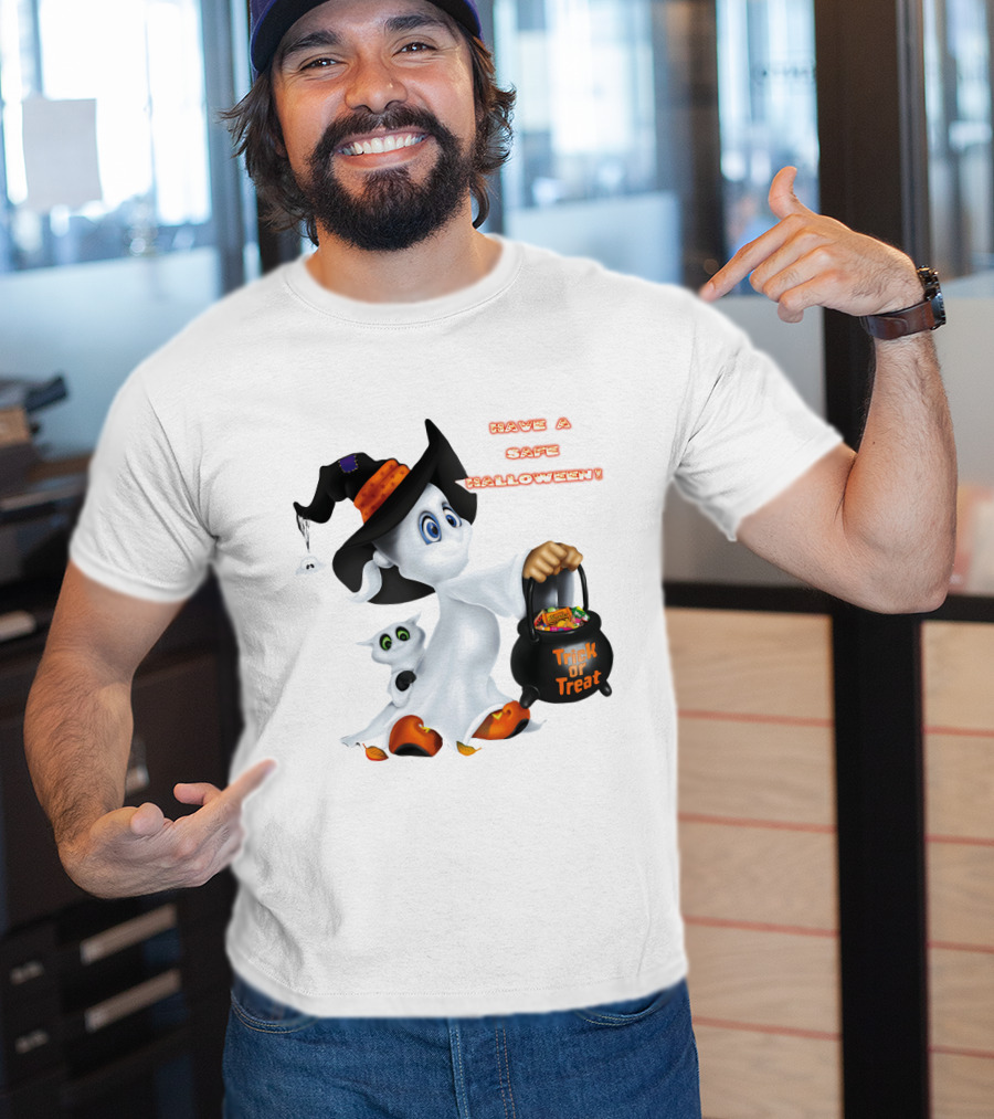 Have A Safe Halloween Trick Or Treat Party Ghost With A Witch Hat And Candy T-Shirt