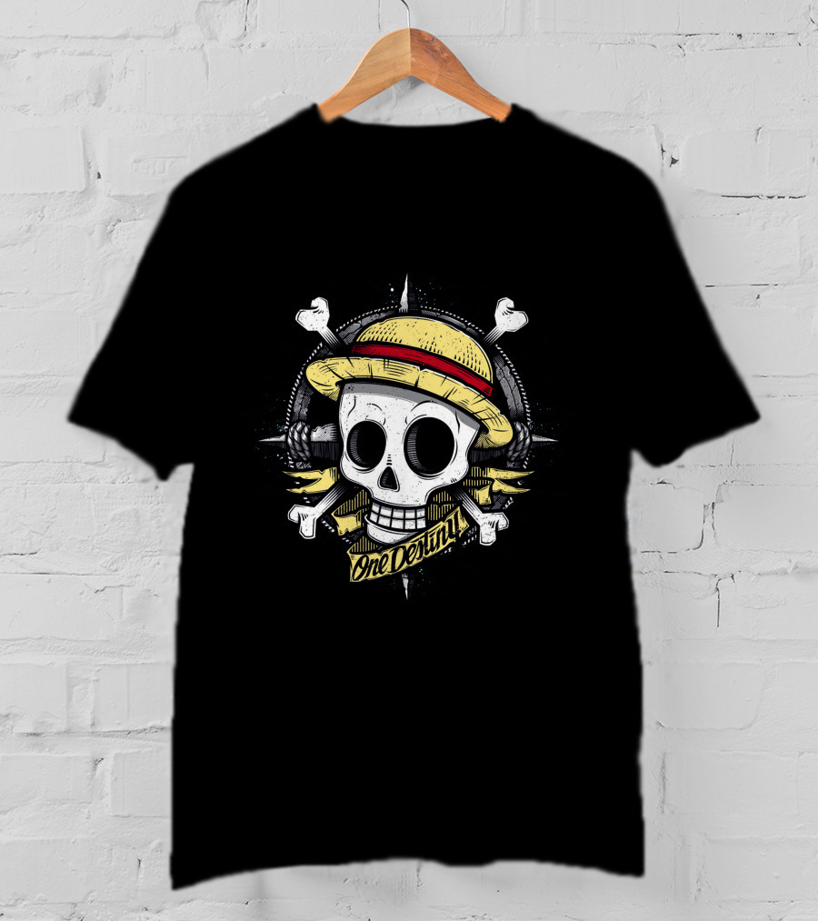 One Destiny Skull Straw Hat Pirate Star Compass T-Shirt