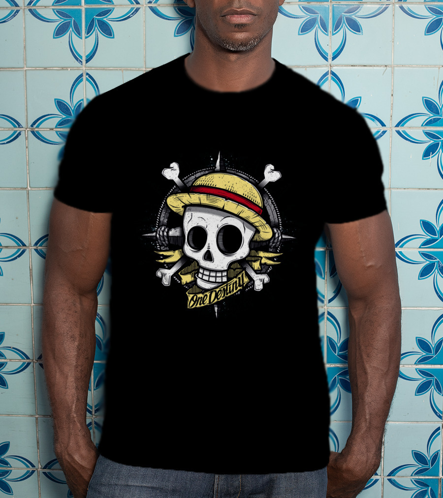 One Destiny Skull Straw Hat Pirate Star Compass T-Shirt