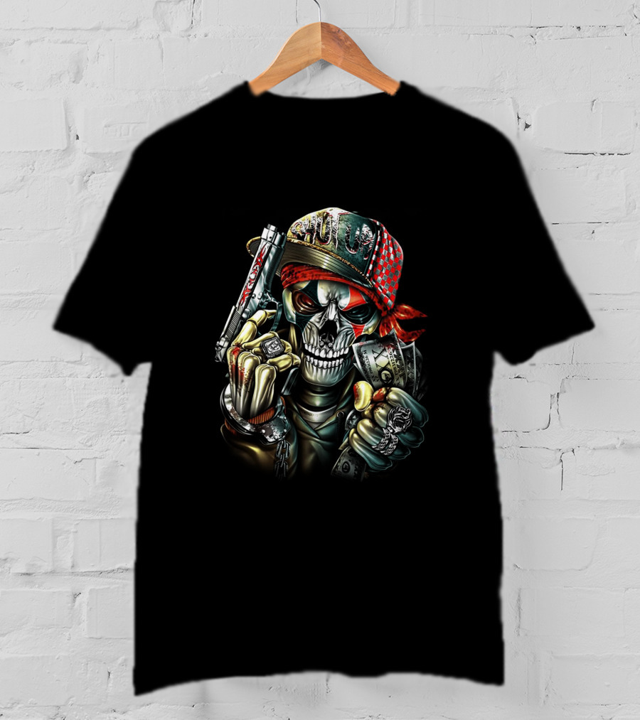Skull Cap With Gun And Money Holding Skull Face And Knuckle Duster T-Shirt