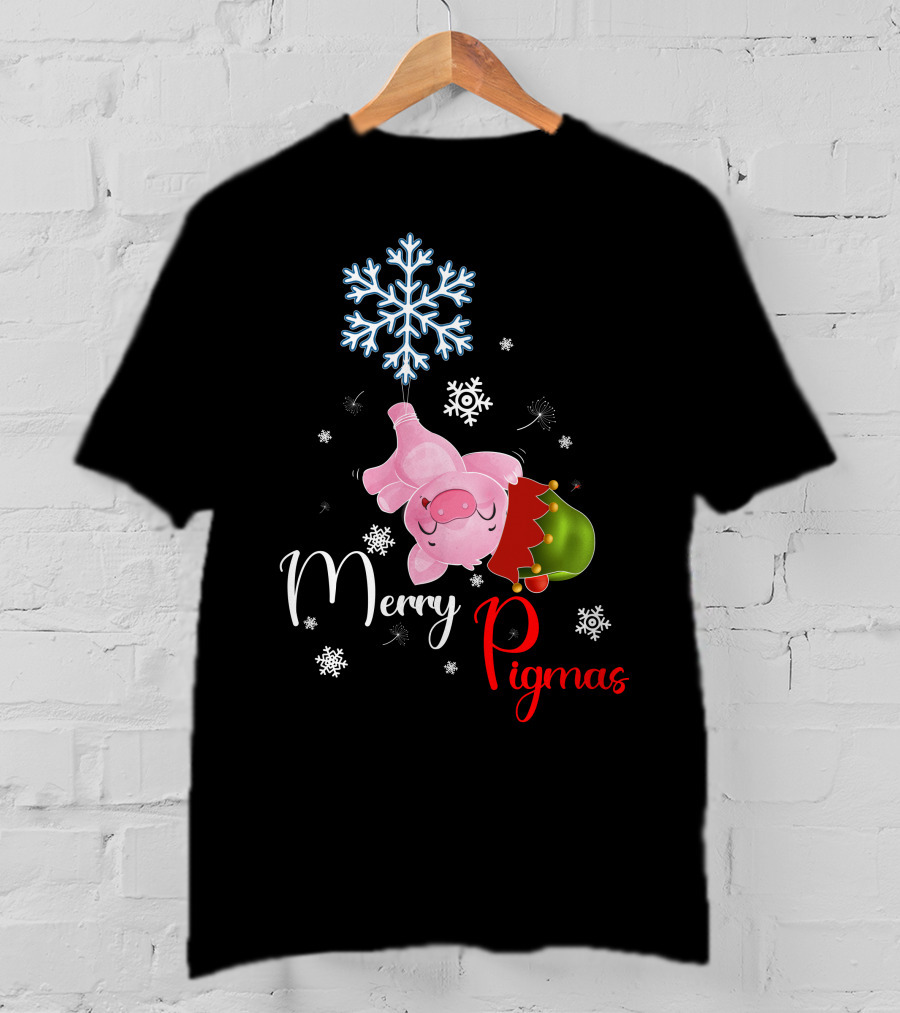 Merry Pigmas Pig Hanging From Snowflake With Santa Hat And Snowflakes T-Shirt