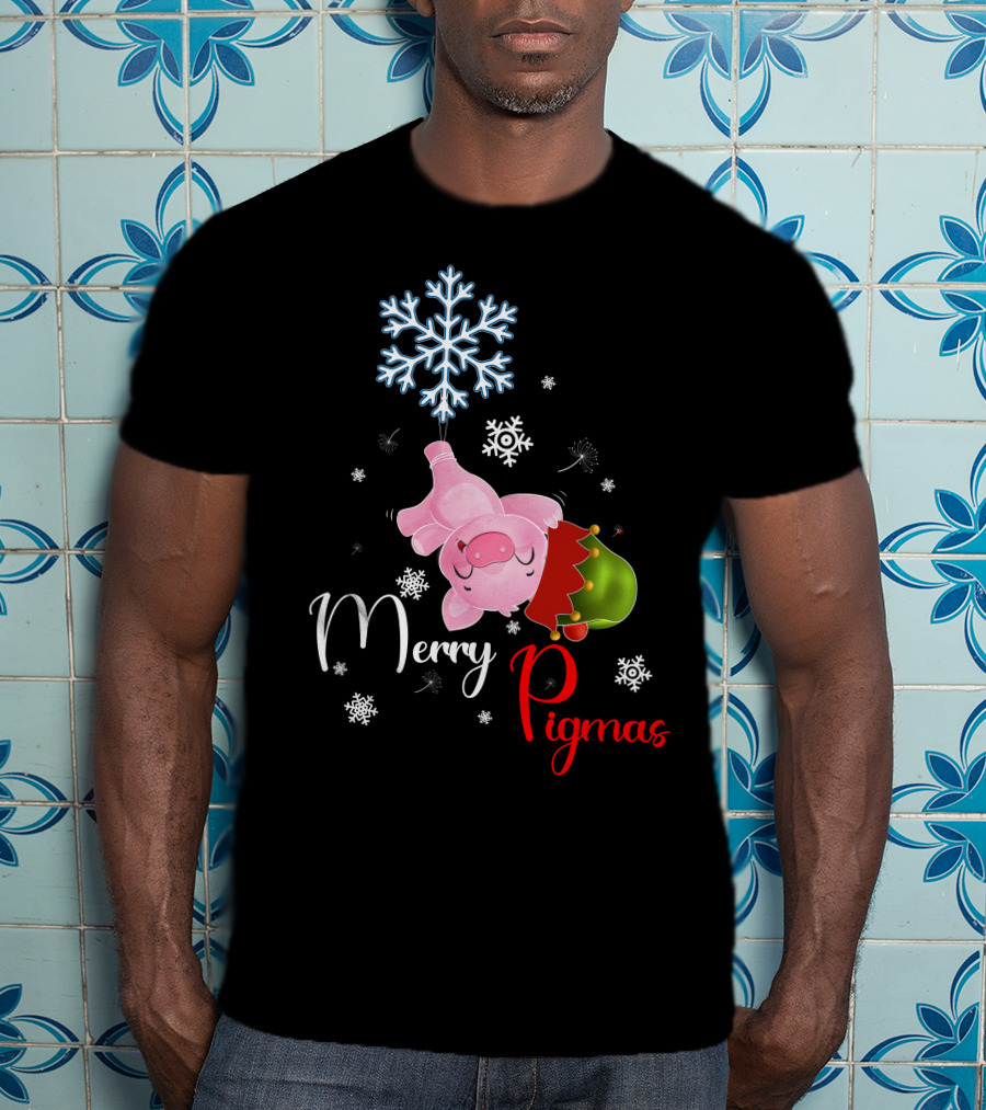 Merry Pigmas Pig Hanging From Snowflake With Santa Hat And Snowflakes T-Shirt