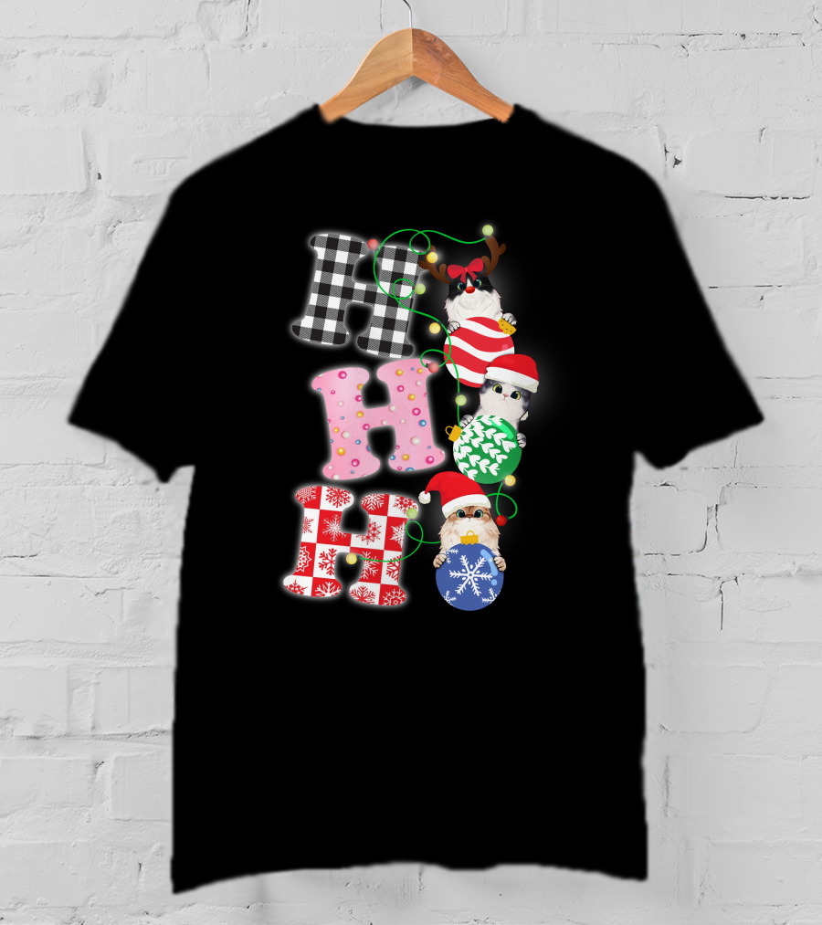 HO HO HO Christmas Cats In Holiday Hats And Ornaments T-Shirt