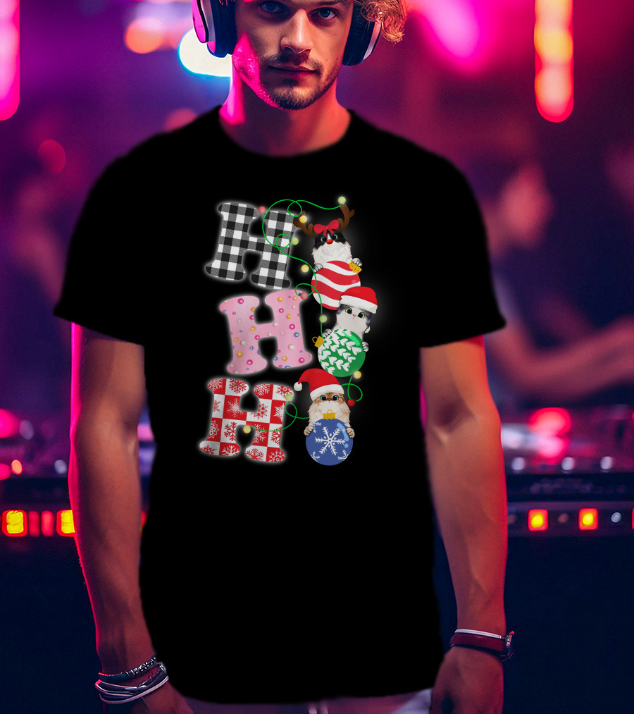 HO HO HO Christmas Cats In Holiday Hats And Ornaments T-Shirt