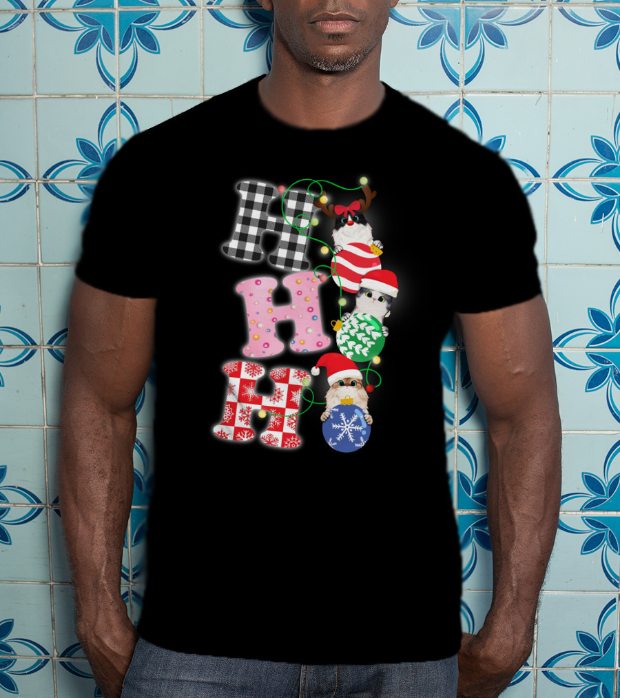 HO HO HO Christmas Cats In Holiday Hats And Ornaments T-Shirt
