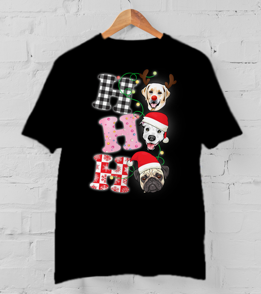 HO HO HO Christmas Dogs With Santa Hats And Reindeer Antlers T-Shirt