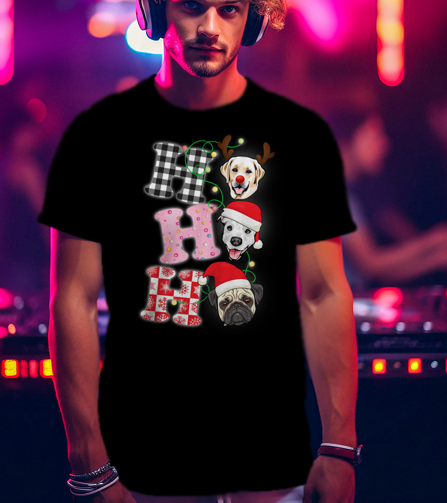 HO HO HO Christmas Dogs With Santa Hats And Reindeer Antlers T-Shirt