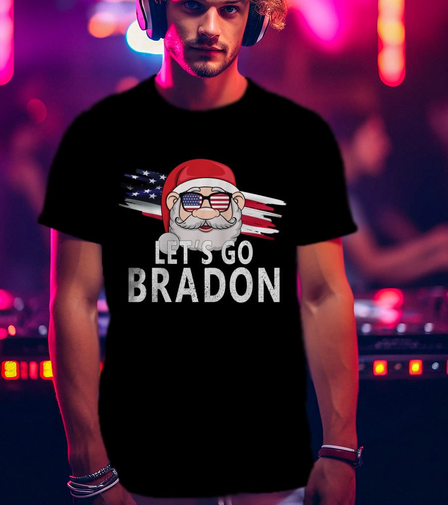 LET'S GO BRADON Christmas Santa USA Flag Glasses T-Shirt
