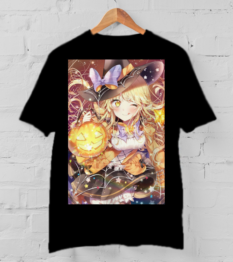 Anime Halloween Witch Girl With Pumpkin Lantern And Stars T-Shirt