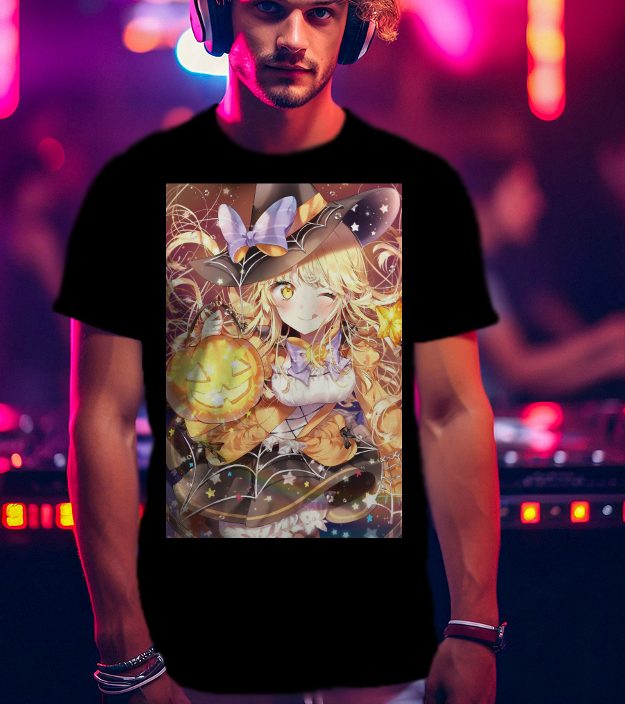 Anime Halloween Witch Girl With Pumpkin Lantern And Stars T-Shirt