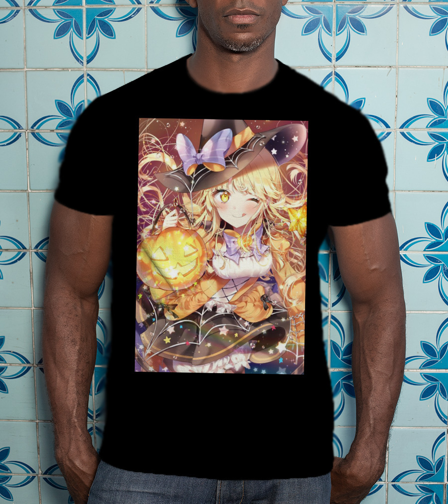 Anime Halloween Witch Girl With Pumpkin Lantern And Stars T-Shirt