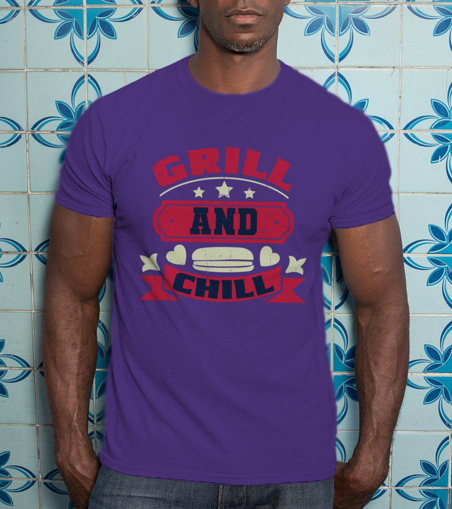 GRILL AND CHILL Stars And Hearts BBQ Burger Banner T-Shirt