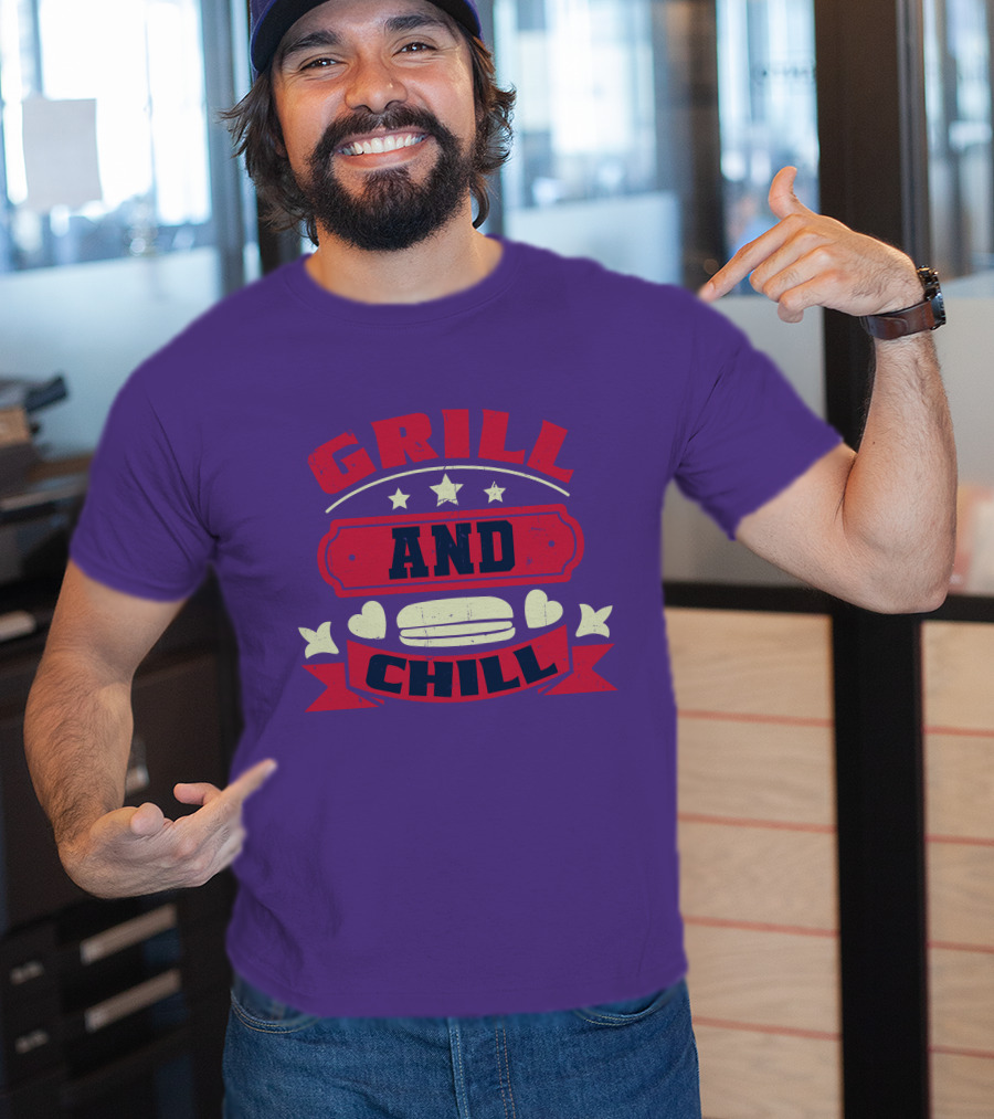 GRILL AND CHILL Stars And Hearts BBQ Burger Banner T-Shirt