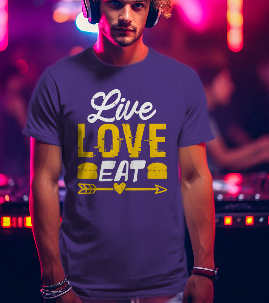 Live Love Eat With Burgers And Heart Arrow On Red T-Shirt