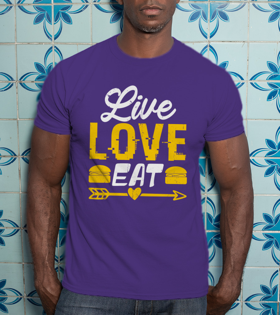 Live Love Eat With Burgers And Heart Arrow On Red T-Shirt