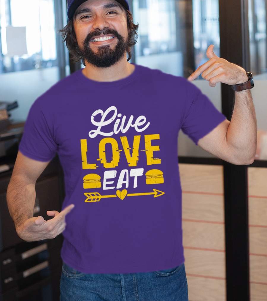 Live Love Eat With Burgers And Heart Arrow On Red T-Shirt