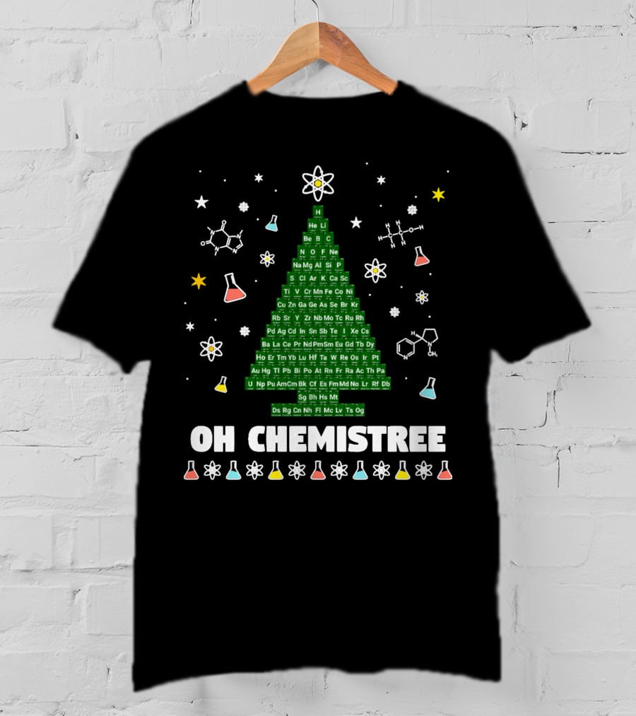 Oh Chemistree Periodic Table Christmas Tree With Beakers And Molecules T-Shirt