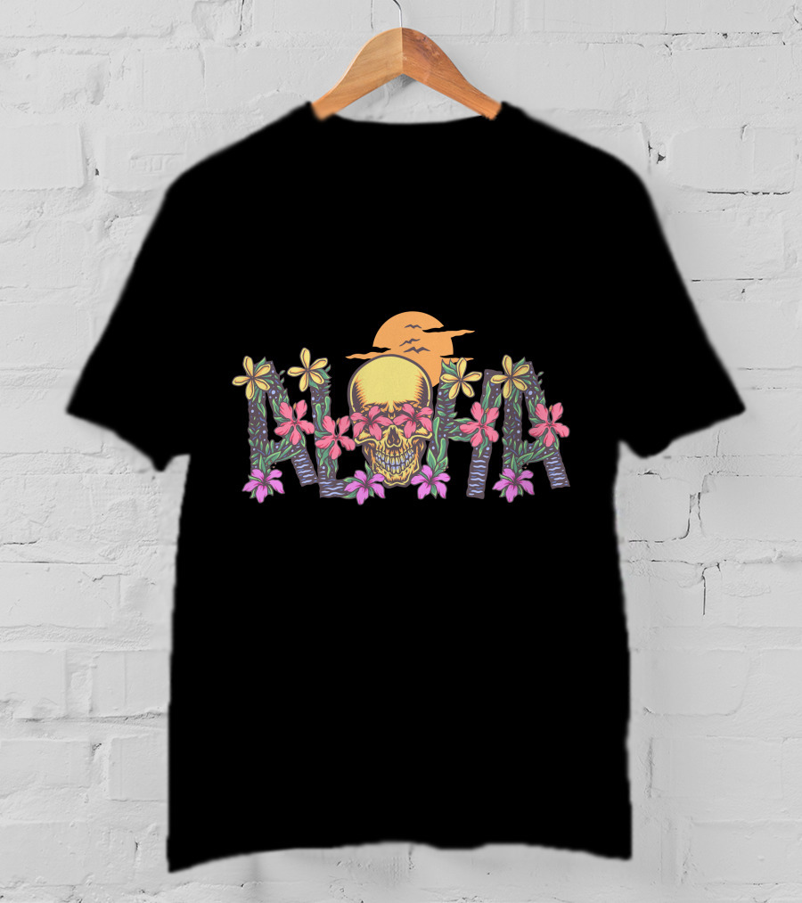 Aloha Skull Hawaii Floral Sunset T-Shirt