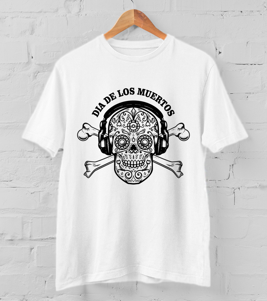 Dia De Los Muertos Funny Mexican Sugar Skull With Headphones And Crossbones T-Shirt