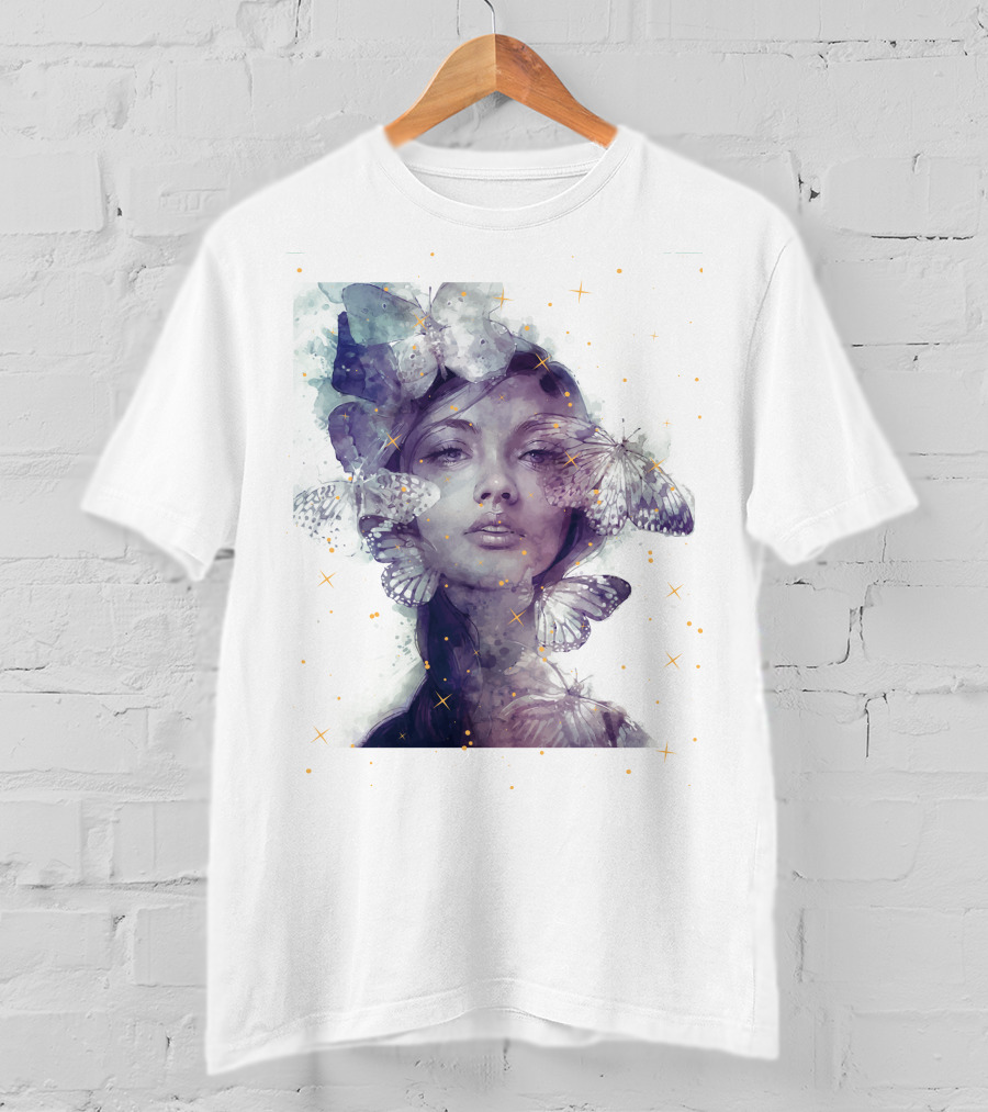 Butterfly And Girl Dreamy Watercolor Portrait With Stars T-Shirt