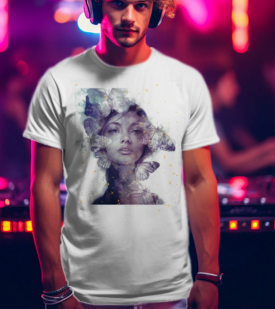 Butterfly And Girl Dreamy Watercolor Portrait With Stars T-Shirt