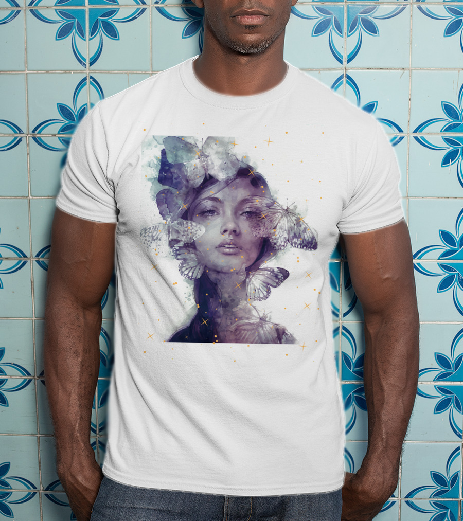 Butterfly And Girl Dreamy Watercolor Portrait With Stars T-Shirt
