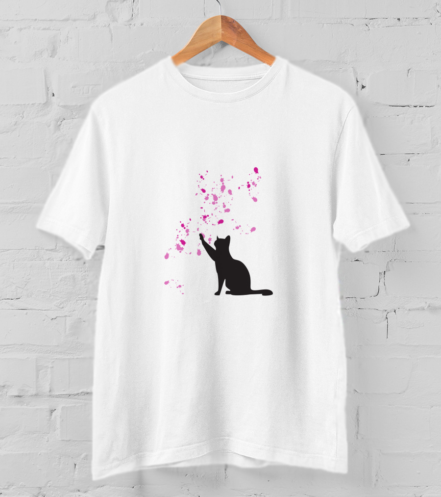 Cat And Pink Splatter Blooms T-Shirt