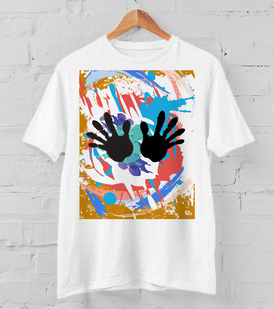 Colorful Splash With Black Handprints T-Shirt