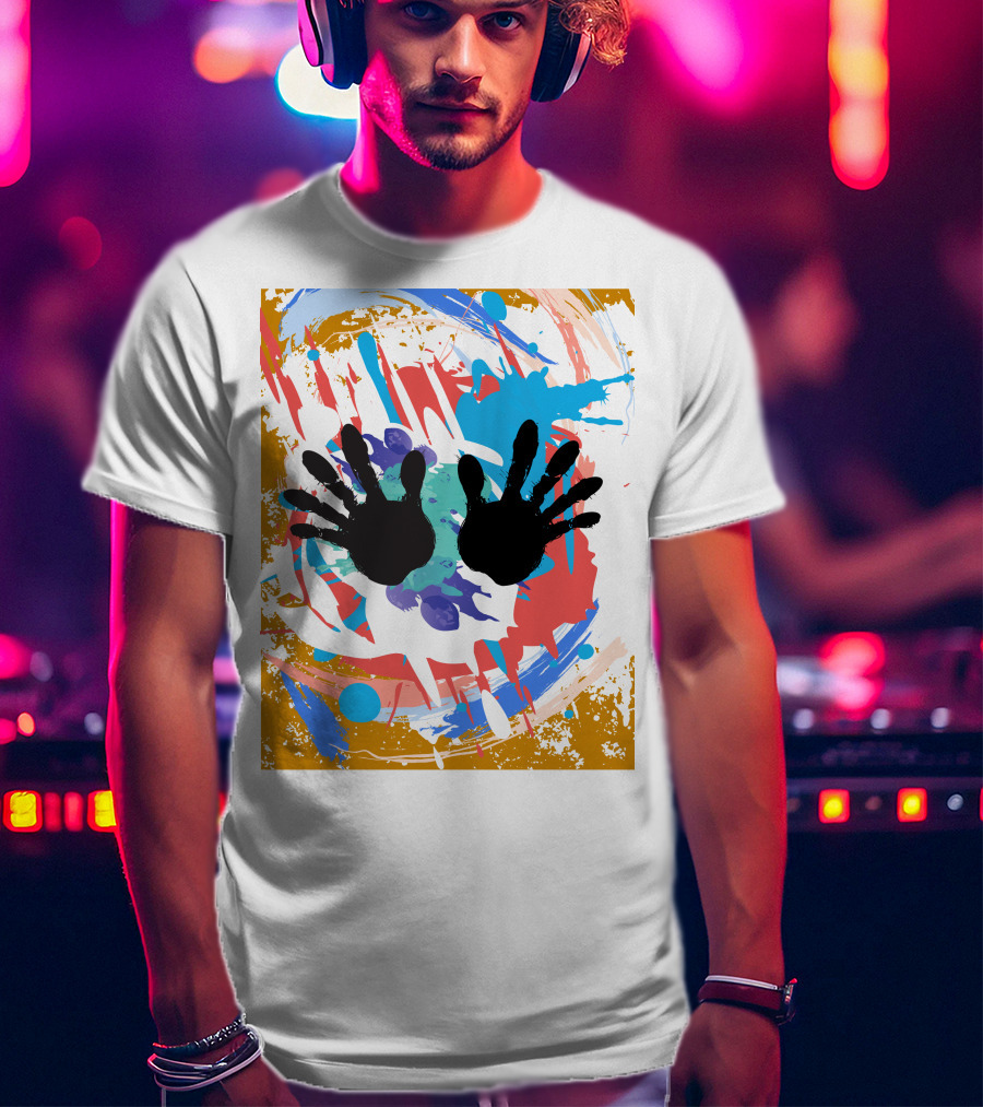 Colorful Splash With Black Handprints T-Shirt