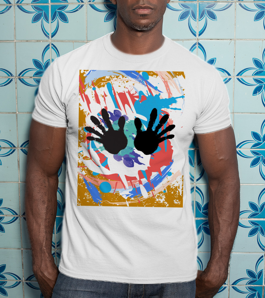 Colorful Splash With Black Handprints T-Shirt