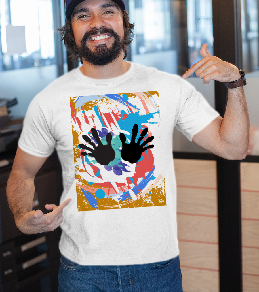 Colorful Splash With Black Handprints T-Shirt