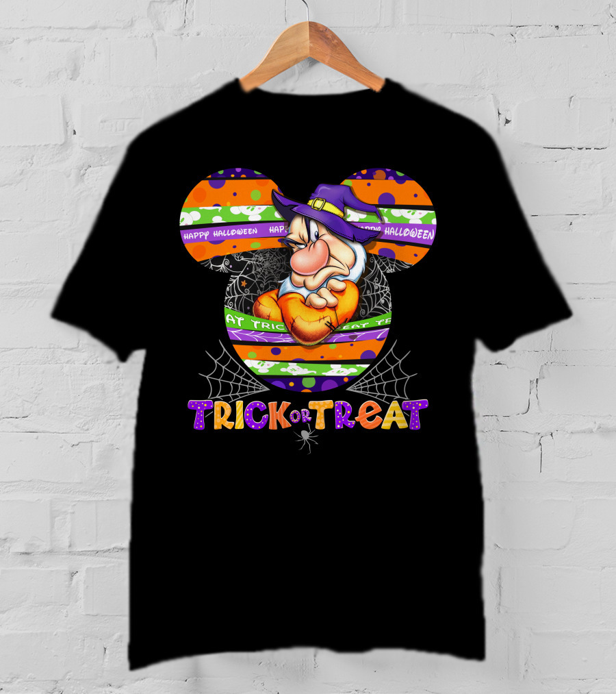 Grumpy Trick Or Treat Halloween Mickey Ears Wizard Hat Spider Webs T-Shirt
