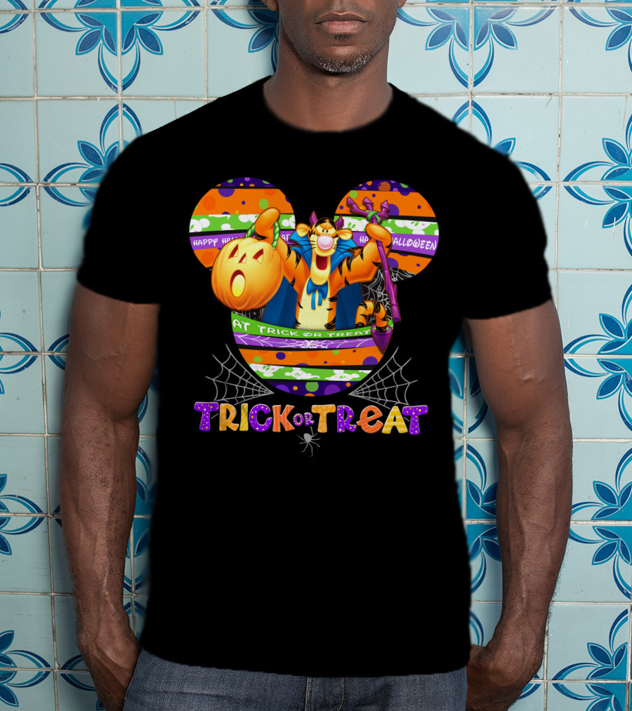 Tigger Happy Halloween Trick Or Treat Disney Mickey Pumpkin Spiderwebs T-Shirt