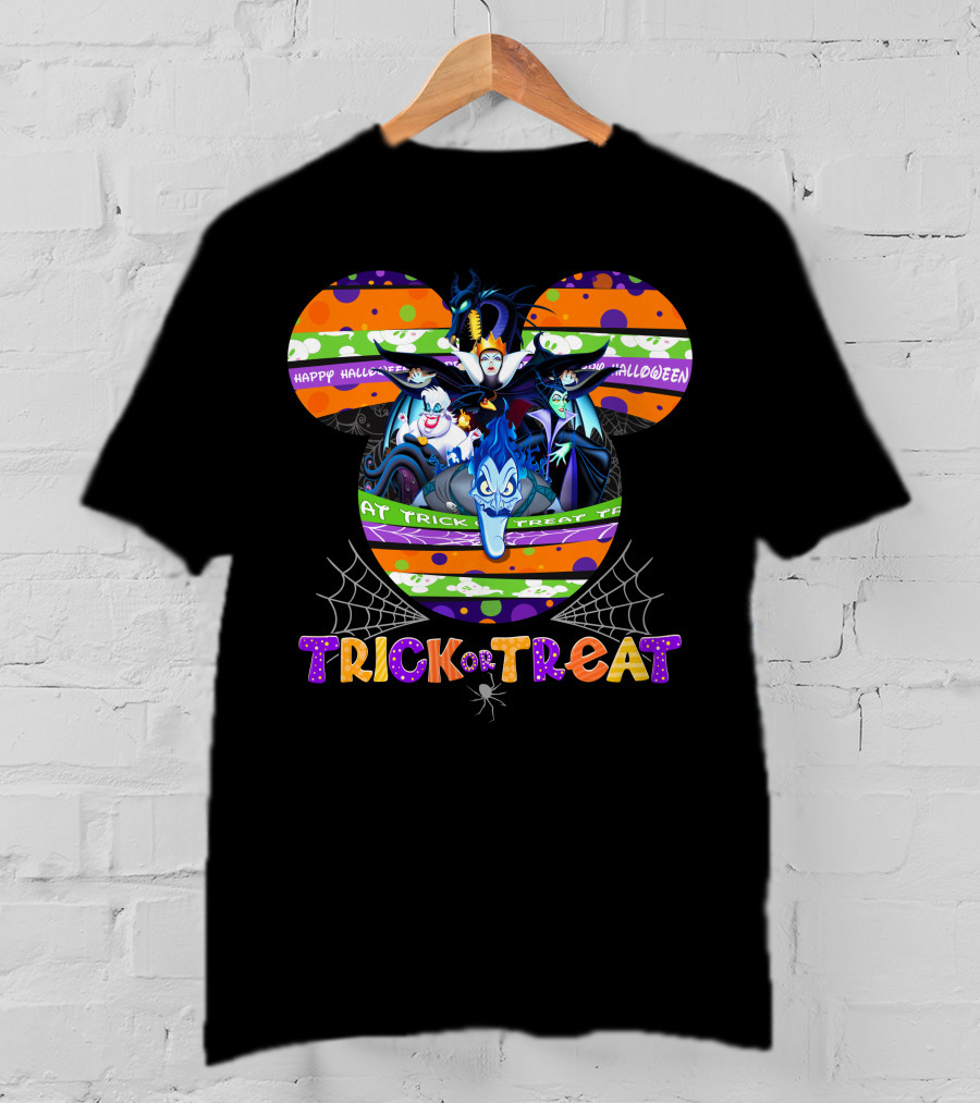Happy Halloween Trick Or Treat Villains Mickey Ears Spiderwebs T-Shirt