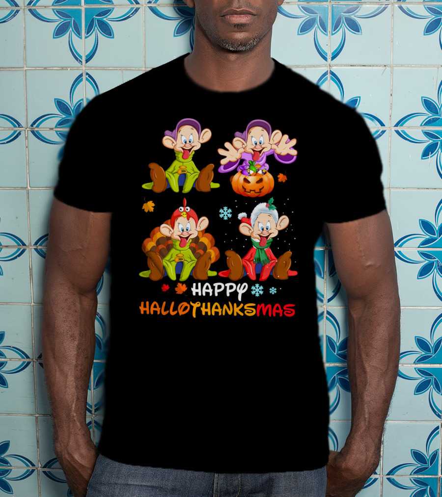 Happy Hallothanksmas Dopey Pumpkin Turkey Santa T-Shirt
