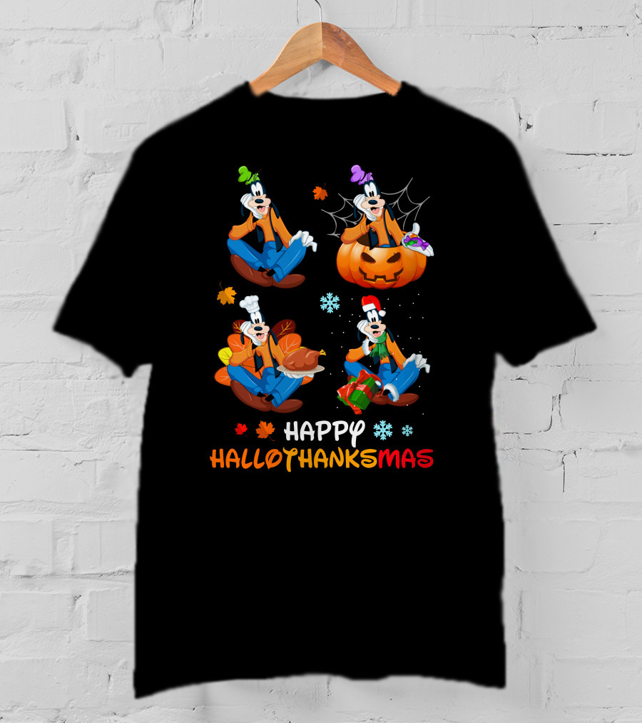 Happy Hallothanksmas Goofy Pumpkin Turkey Gift Leaves Snowflakes T-Shirt