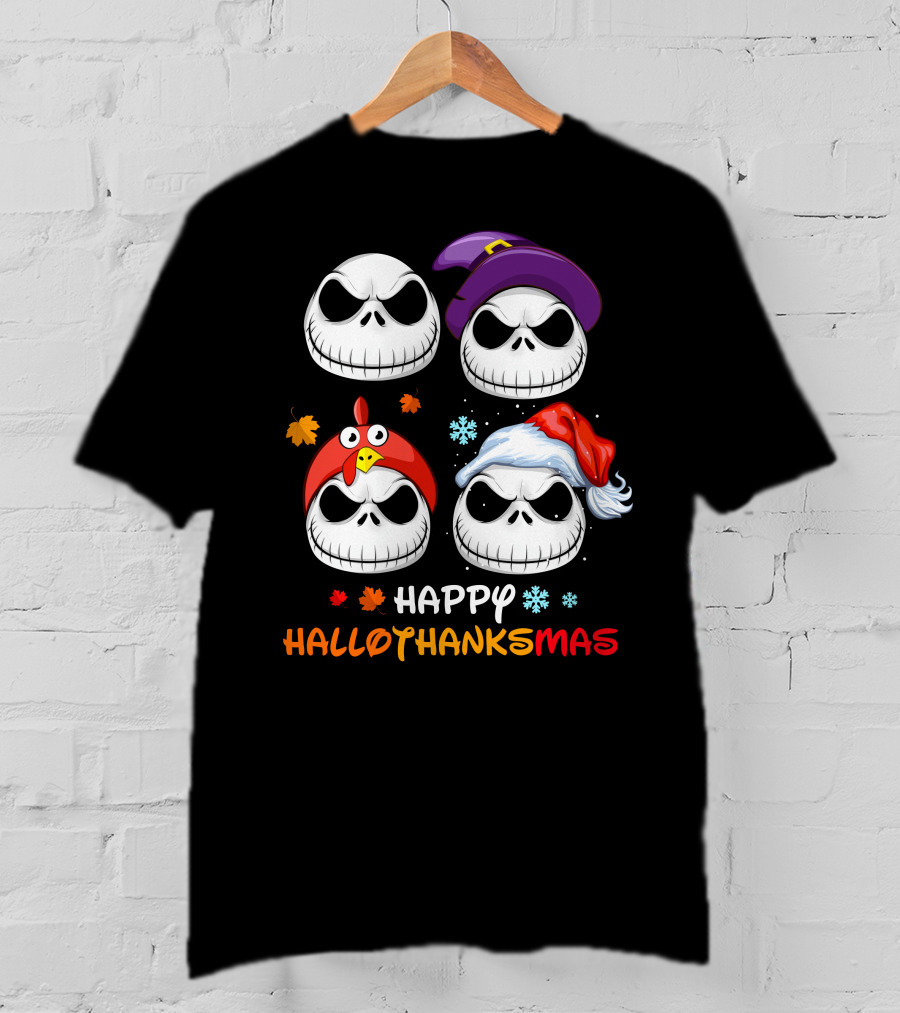 Happy Hallothanksmas Jack Faces With Witch Turkey Santa Hats T-Shirt