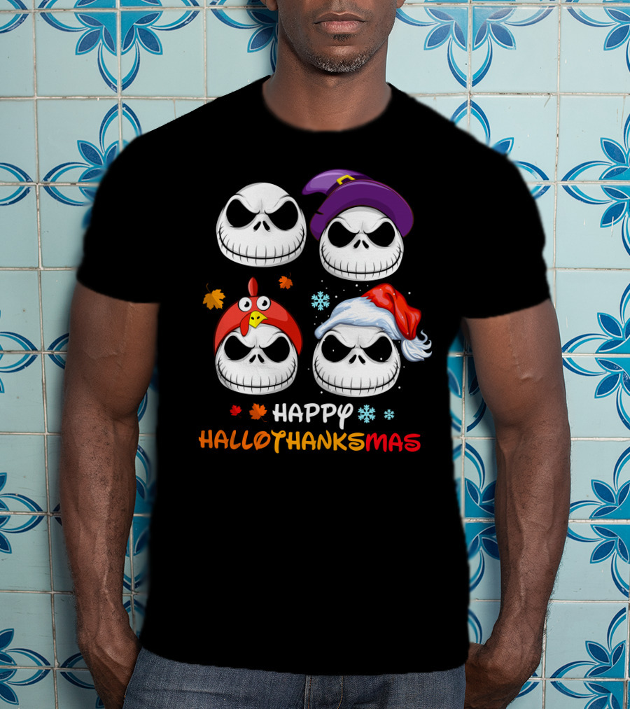 Happy Hallothanksmas Jack Faces With Witch Turkey Santa Hats T-Shirt