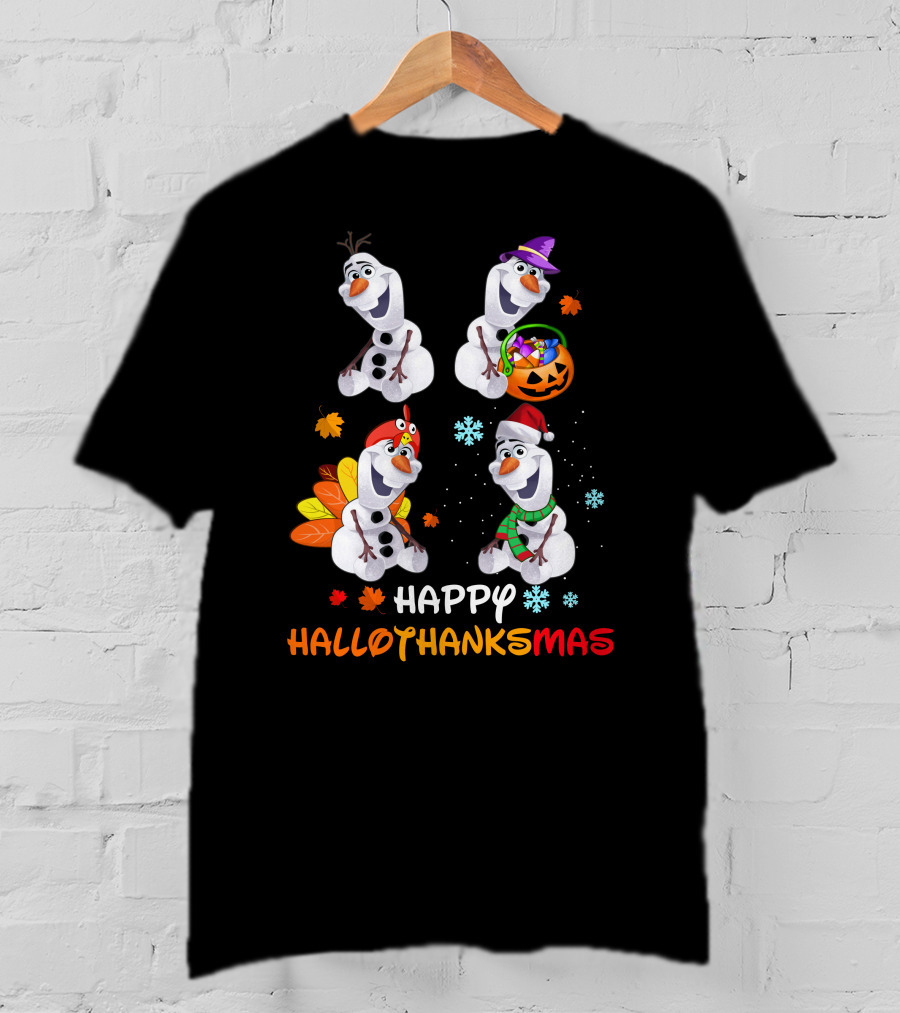 Happy Hallothanksmas Olaf Snowman Seasonal Celebration T-Shirt