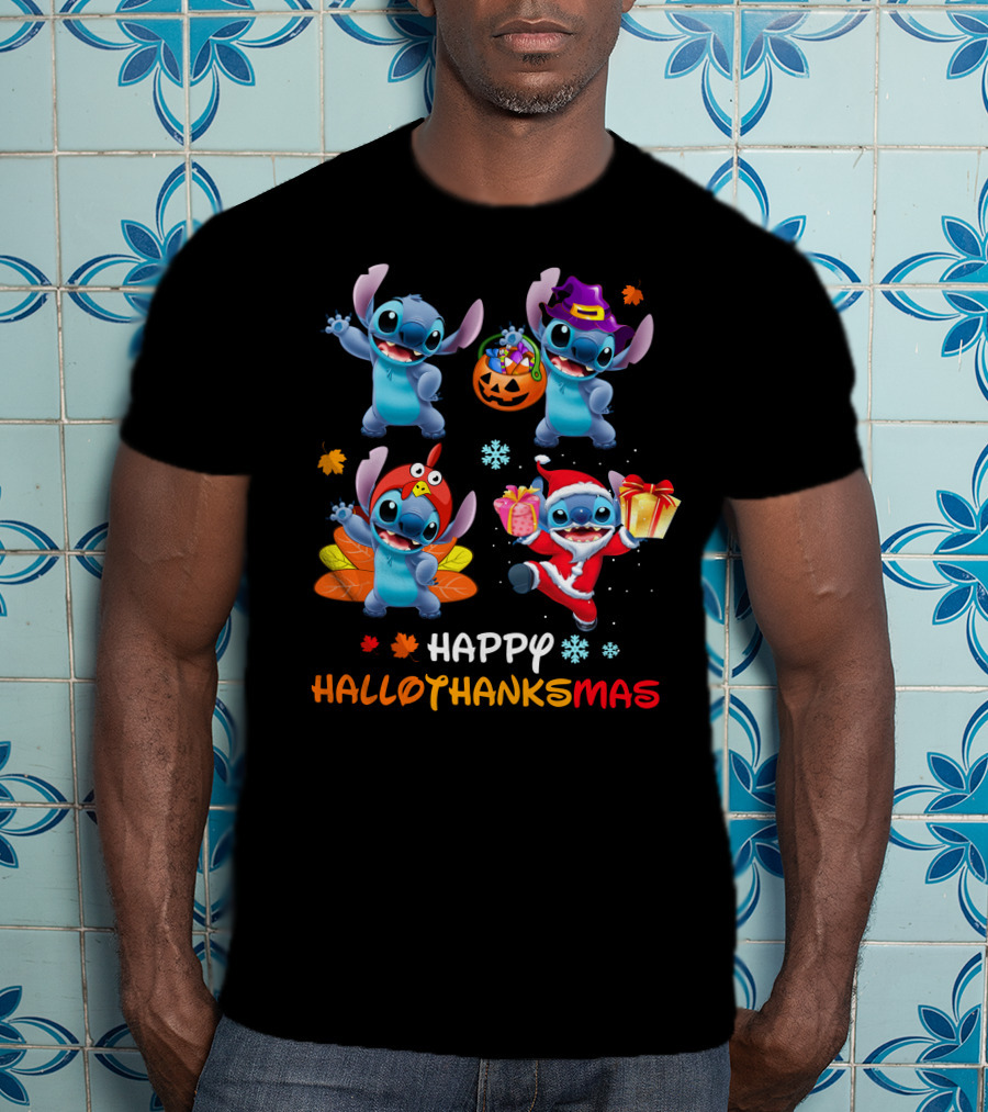 Stitch Happy Hallothanksmas Halloween Thanksgiving Christmas T-Shirt