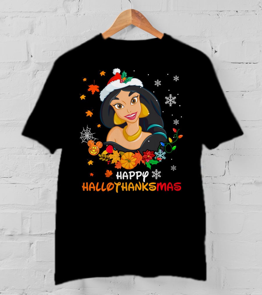Jasmine Happy Hallothanksmas Snowflakes Autumn Leaves Santa Hat T-Shirt