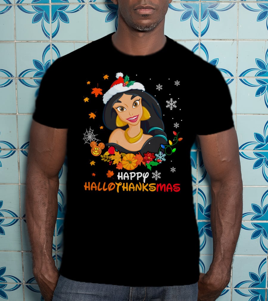 Jasmine Happy Hallothanksmas Snowflakes Autumn Leaves Santa Hat T-Shirt