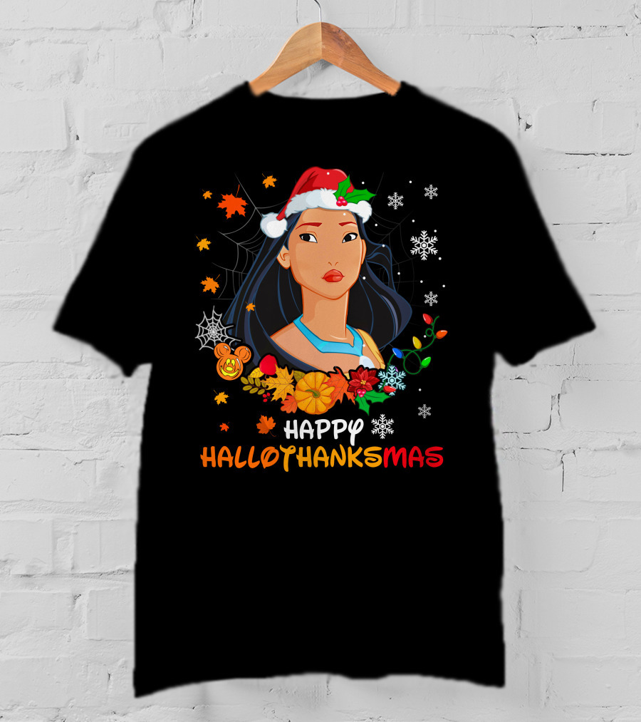 Happy Hallothanksmas Pocahontas Santa Hat Pumpkin Leaves Snowflakes T-Shirt