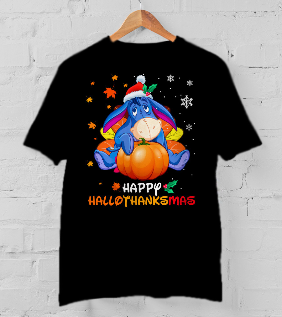 Happy Hallowthanksmas Eeyore Pumpkin Santa Hat Snowflakes Leaves Holiday T-Shirt