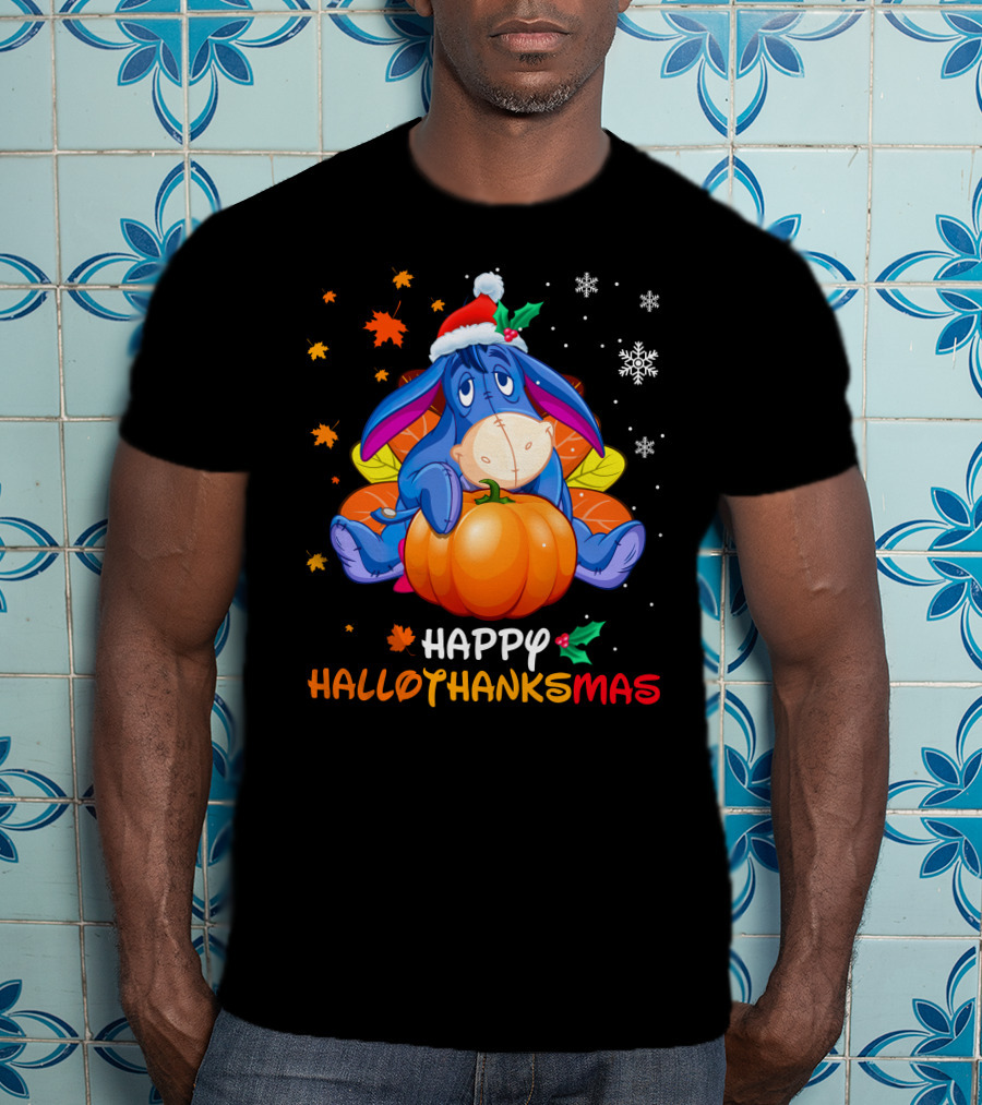 Happy Hallowthanksmas Eeyore Pumpkin Santa Hat Snowflakes Leaves Holiday T-Shirt